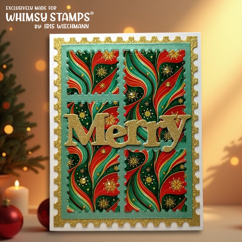 A handmade Christmas greeting card with a festive design, featuring red and green swirl patterns, gold glitter details, and the word 'Merry' in large gold letters.