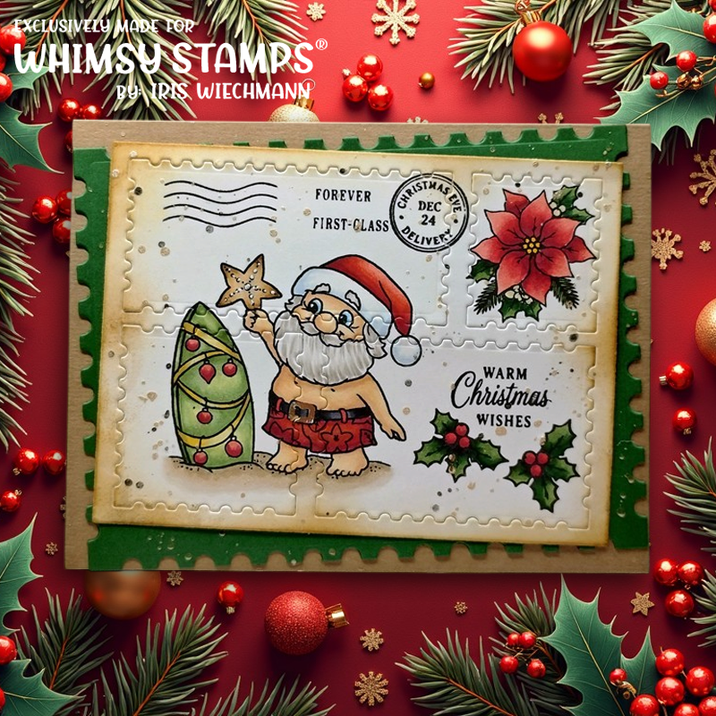 A handmade Christmas card featuring a Santa Claus, a green surf board Christmas tree, and holiday text, layered on postage edge rectangles.