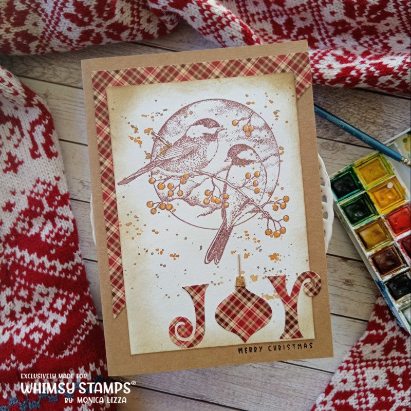 Chickadee and Berries Rubber Cling Stamp - Whimsy Stamps