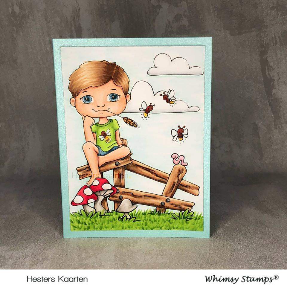 Polka Dot Pals Harley Fence Sitting - Coloring Scene Digital Stamp - Whimsy Stamps