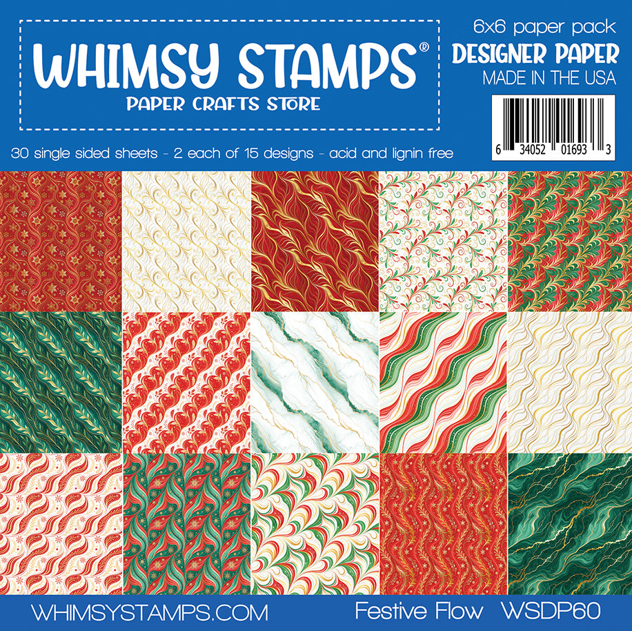 A 6x6 paper pack cover for Whimsy Stamps Designer Paper that displays 15 holiday-themed patterned papers in red, green, cream, and gold color schemes with varied patterns of leaves, snowflakes, marble textures, and whimsical wisps.