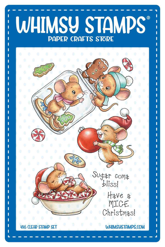 Whimsy Stamps clear stamp set featuring four cute Christmas mice, all wearing winter/Santa hats and scarves. Two mice are shown in/around a cookie jar, one lies in a bowl of mints, and one holds an ornament. Sentiments shown are 'Sugar coma bliss' and 'Have a MICE Christmas!'