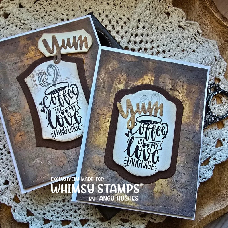 Two handmade cards featuring rustic brown-and-gold textured backgrounds with central cream labels that read 'Yum coffee is my love language.'
