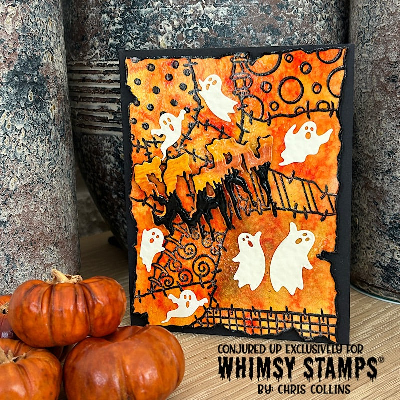 A handmade Halloween card featuring an orange-and-black fabric-patch background with white ghost cutouts and a gooey 'Scary' word die-cut.