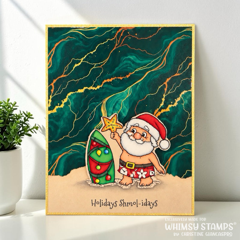 A Christmas greeting card showing Santa Claus in swim trunks holding a Christmas star next to a surfboard, with a dark green marbled background with gold veins. The print includes the text 'Holidays Shmol-idays' at the bottom.