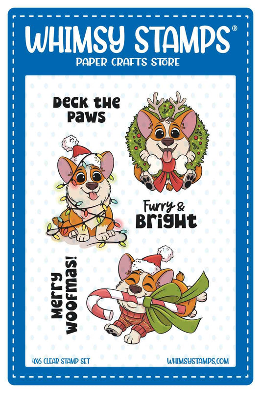 Whimsy Stamps clear stamp set with three cartoon corgi dogs in Christmas poses — one pokes its head through a wreath, one is wrapped in Christmas lights, and one holds a large candy cane in its mouth. Three sentiments are shown: 'Deck the Paws,' 'Furry & Bright,' and 'Merry Woofmas!'