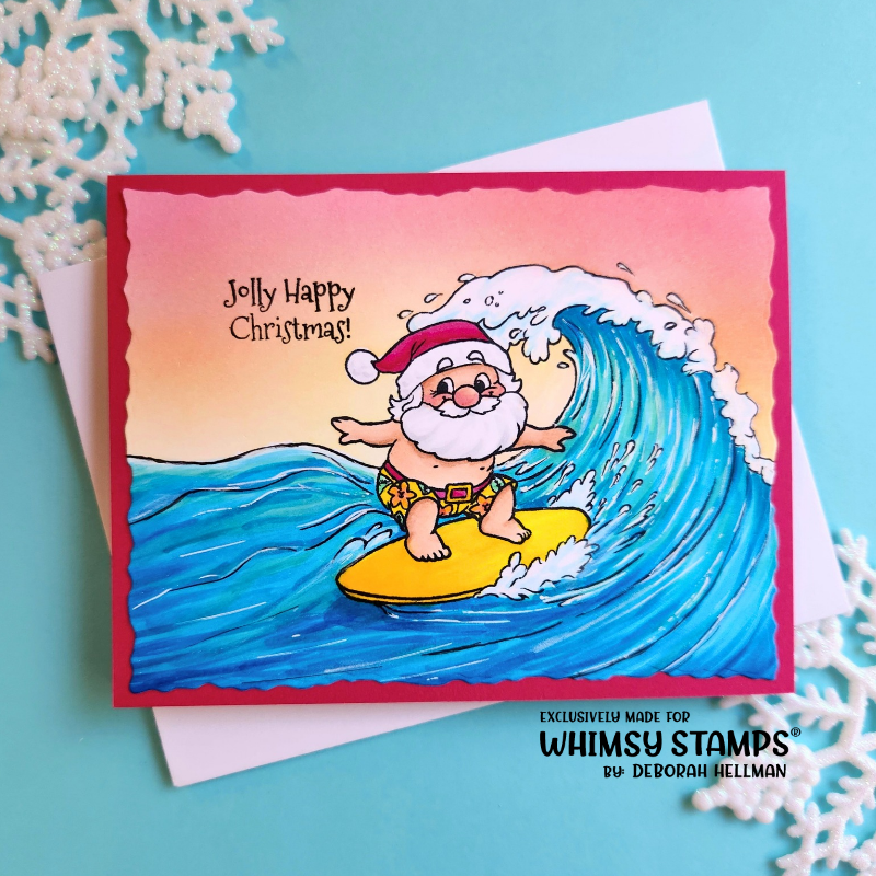 A greeting card featuring a cartoon Santa Claus surfing on a large blue wave with a yellow surfboard, set against a pink-to-orange gradient sky. The card reads 'Jolly Happy Christmas!'.