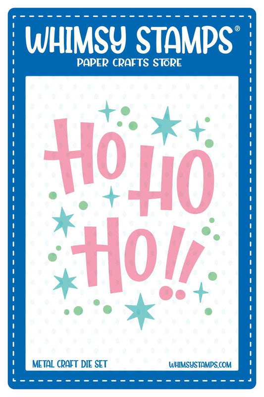 Whimsy Stamps metal craft die displaying the words 'Ho Ho Ho!!' in pink lettering surrounded by blue stars and green dots of varying sizes and groupings.
