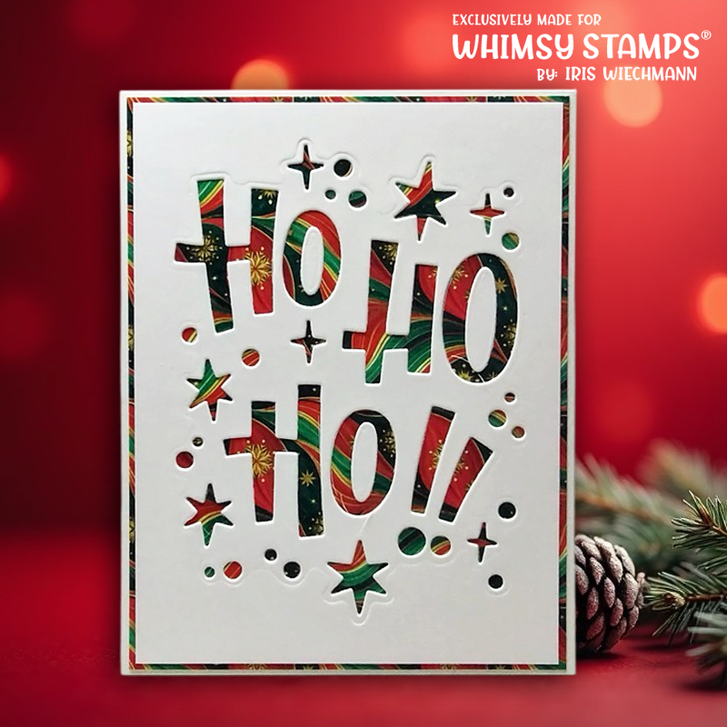 A white holiday card with layered cutout lettering reading 'HO HO HO!' with stars and circle details, all filled with red, green, and gold patterned paper.