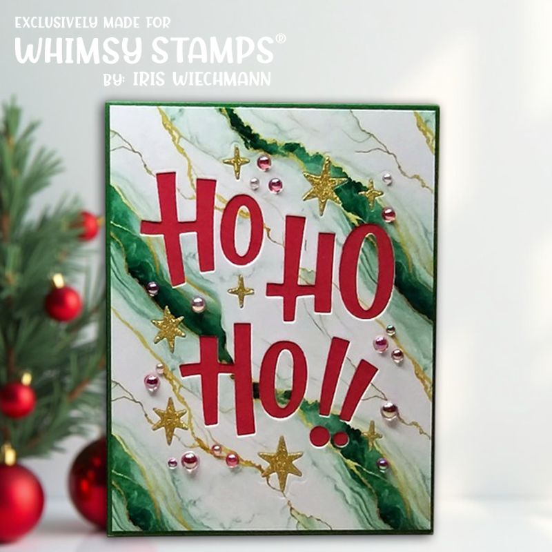 A handmade Christmas card featuring the words 'Ho Ho Ho!!' in large red letters over a green and white marble pattern paper with gold stars and pearl embellishments. 