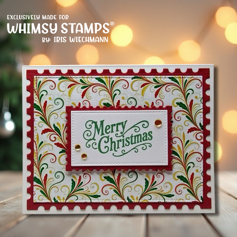 A handmade Christmas greeting card with a postage edge border, red and green ornate leaf pattern paper, and a central white panel reading 'Merry Christmas' in green script. 