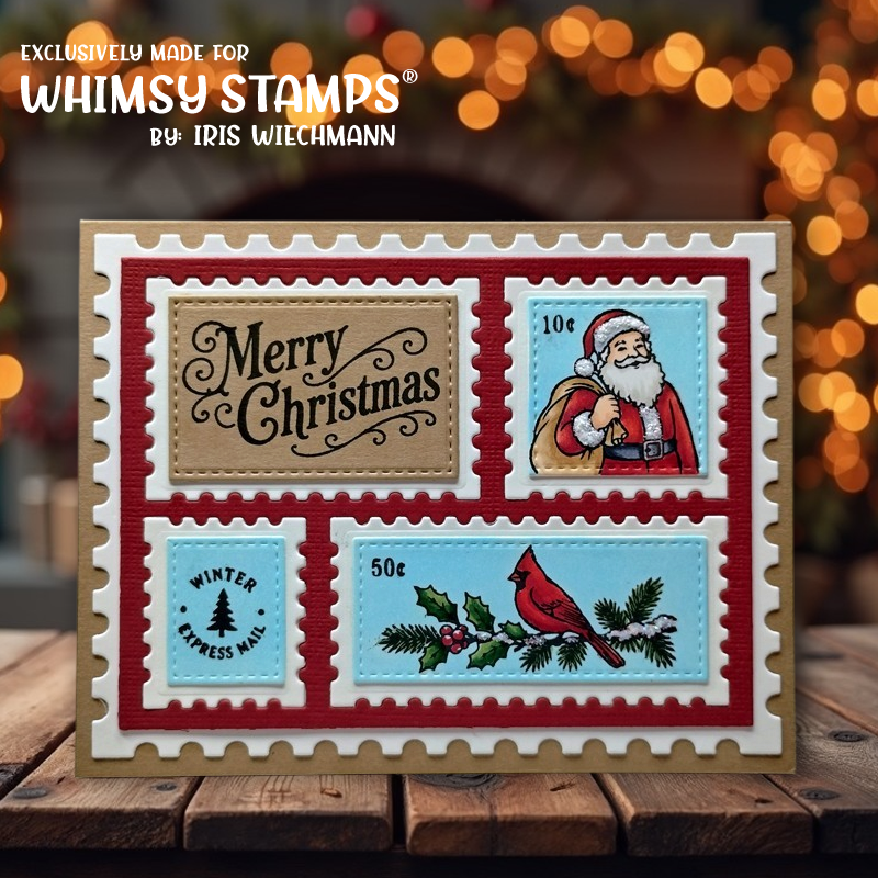 A handmade Christmas stamp collage card featuring four postage-style stamps with holiday designs: 'Merry Christmas' in black script on tan, Santa Claus in red, a winter express mail tree emblem, and a red cardinal on a snowy branch. 