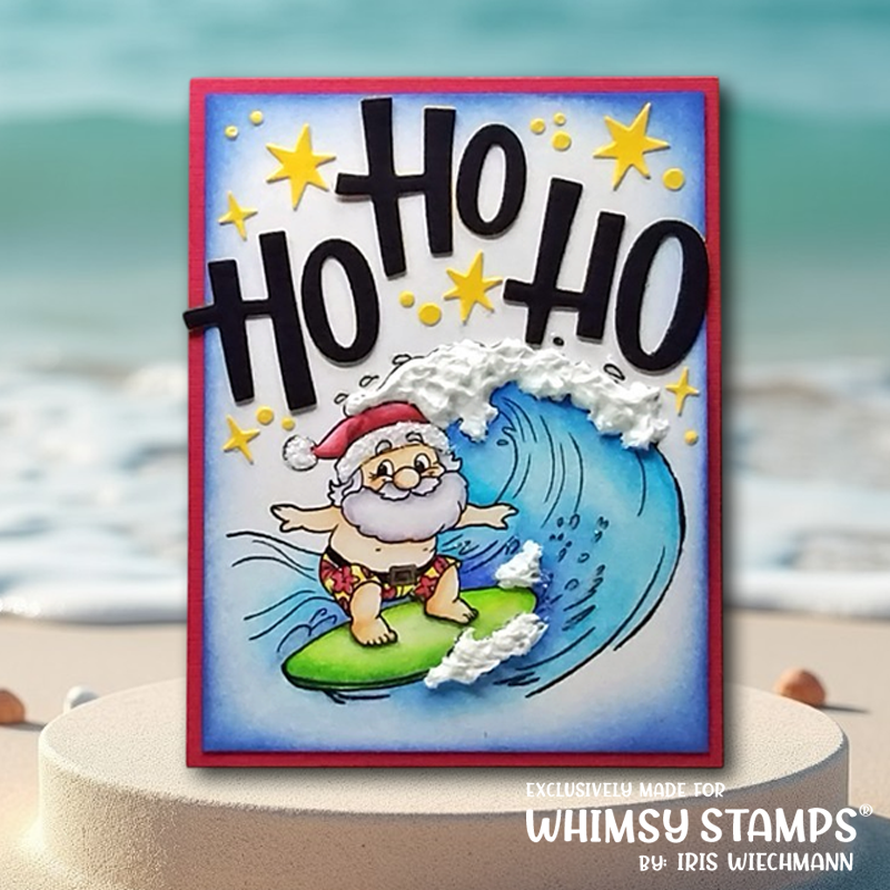A holiday greeting card featuring a cartoon Santa Claus surfing on a big blue wave with large black 'HO HO HO' text and yellow stars.