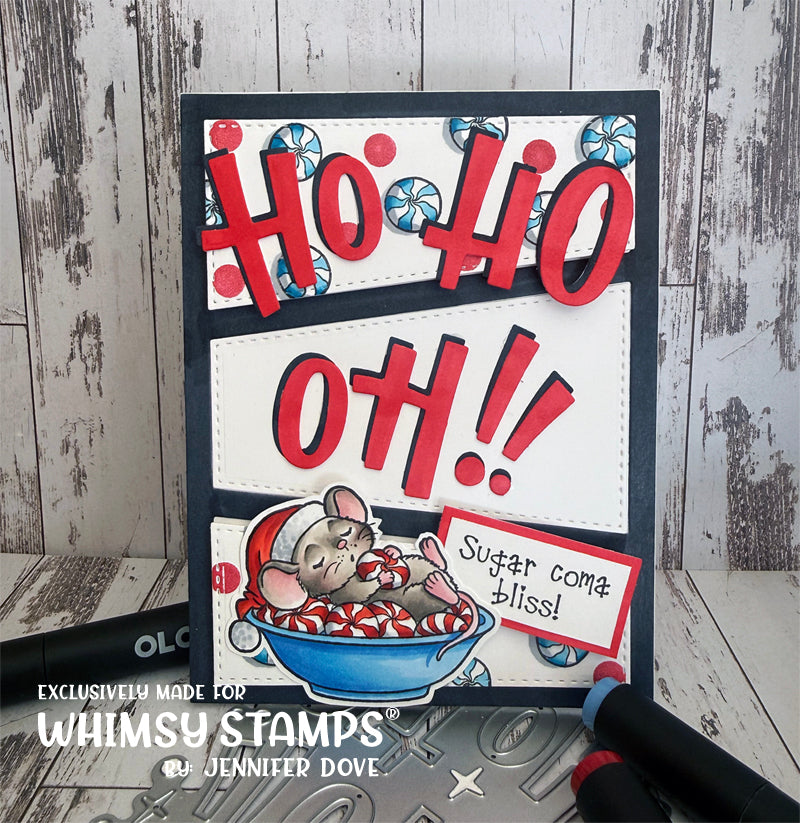 A handmade Christmas greeting card featuring a mouse in a bowl of peppermint,s with layered red and white 'HO HO OH!!' text and candy motifs. 