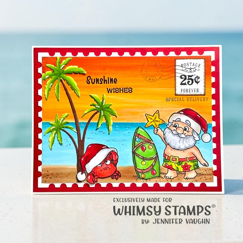 Christmas postcard beach scene with palm trees, Santa Claus, a red crab, and a green surfboard, with the text 'Sunshine Wishes' and a '25c Forever' postmark. 
