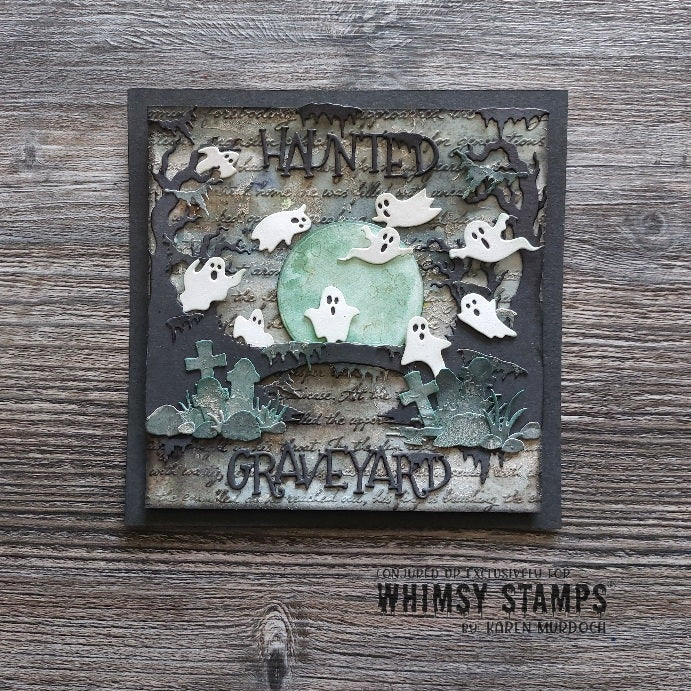 A square Halloween card reading 'Haunted Graveyard,' featuring layered ghost cutouts, a pale green moon, tombstones, and spooky tree branches on a distressed vintage background.