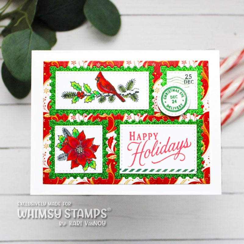 A holiday greeting card features four decorative panels with a red cardinal, a poinsettia, and 'Happy Holidays' text, framed by red and green borders.