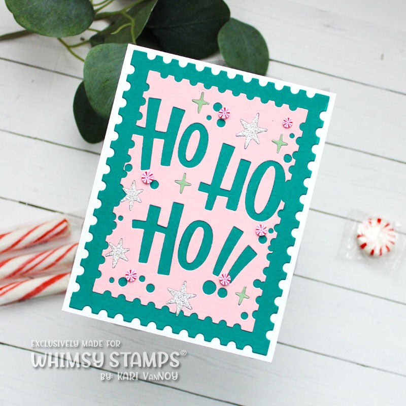 A handmade card featuring 'Ho Ho Ho!' in teal lettering on a light pink background with scalloped teal borders and small decorative stars and dots. 