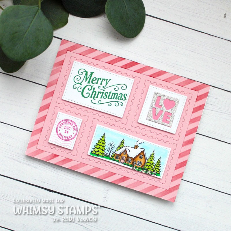 Christmas greeting card with pink on pink striped borders, featuring a central white panel that reads 'Merry Christmas' in green script, a glittery silver 'LOVE' square with a pink heart, a stamp-style postage seal, and a small winter house illustration. 