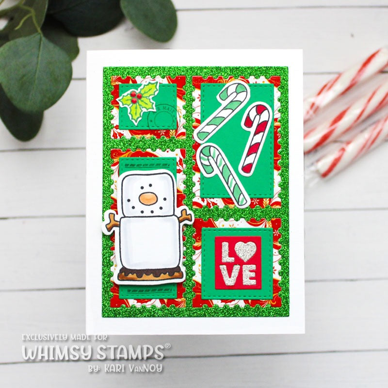 A Christmas greeting card featuring a white snowman figure, candy canes, holly, and a red 'LOVE' heart design on a green glitter background.
