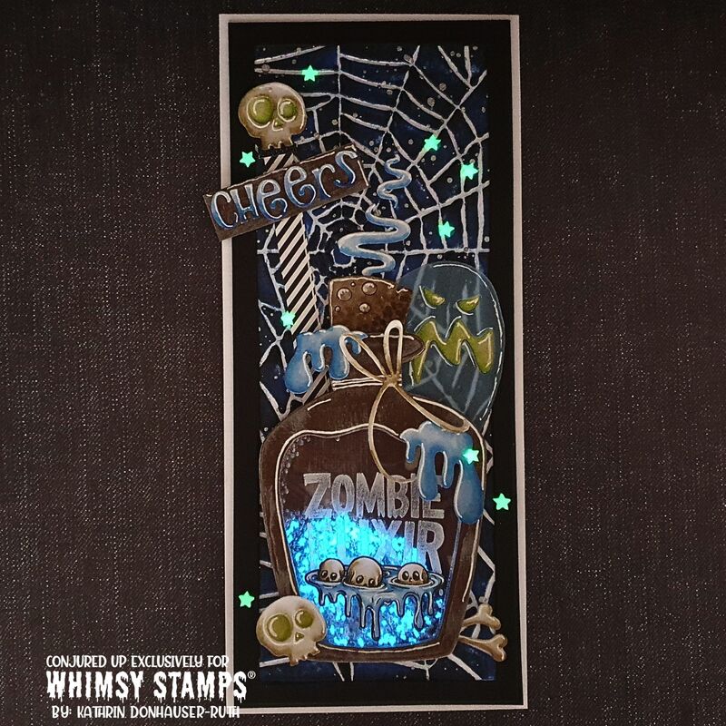 A Halloween slimline card featuring a 'Zombie Elixir' potion bottle with blue slime details, spiderwebs, skull embellishments, and a 'Cheers' banner.