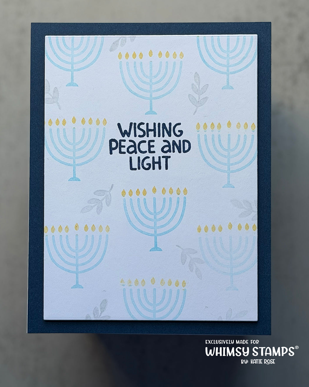 Card with Menorah design and 'Wishing Peace and Light' text, branded for Whimsy Stamps.