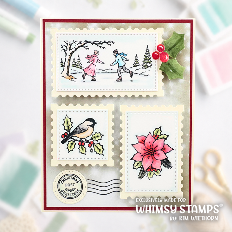 A handmade holiday card featuring three postage-stamp-style panels with winter illustrations: children skating, a bird on holly, and a pink poinsettia. 