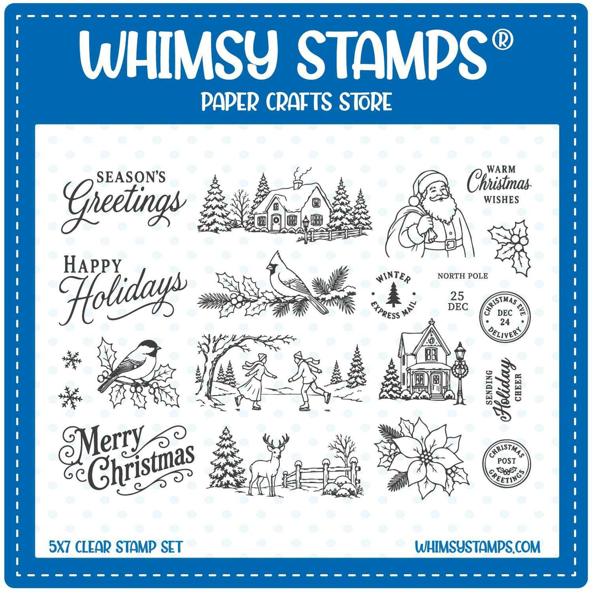 Whimsy Stamps 5x7 clear stamp set featuring winter holiday illustrations (a deer, ice skaters, Santa, snowy houses and trees, and a cardinal with holly) and festive phrases including 'Season's Greetings' and 'Merry Christmas.'