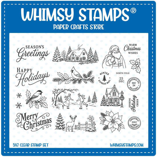 Whimsy Stamps 5x7 clear stamp set featuring winter holiday illustrations (a deer, ice skaters, Santa, snowy houses and trees, and a cardinal with holly) and festive phrases including 'Season's Greetings' and 'Merry Christmas.'