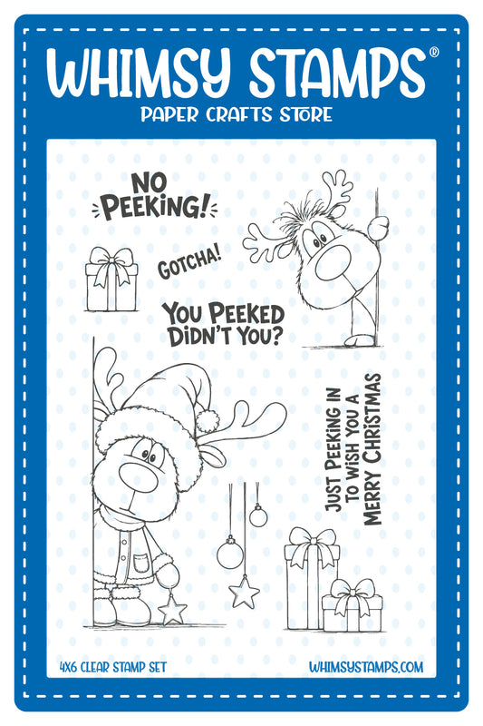 Whimsy Stamps clear stamp set packaging featuring two holiday reindeer illustrations and sentiments including  'No Peeking!' and 'Just Peeking In To Wish You A Merry Christmas.'