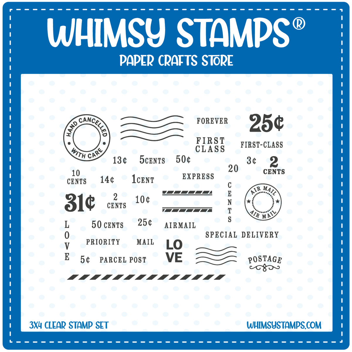 Whimsy Stamps 3x4 clear stamp set featuring postage illustrations (stripes, stamps, address lines), numbers of cents, and sentiments like 'First-Class' and 'Parcel Post.'