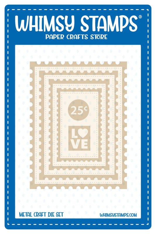 Whimsy Stamps metal craft die set packaging featuring increasing sizes of layered postage borders in beige with postage stamp signs (LOVE and 25 cents) at the center. 
