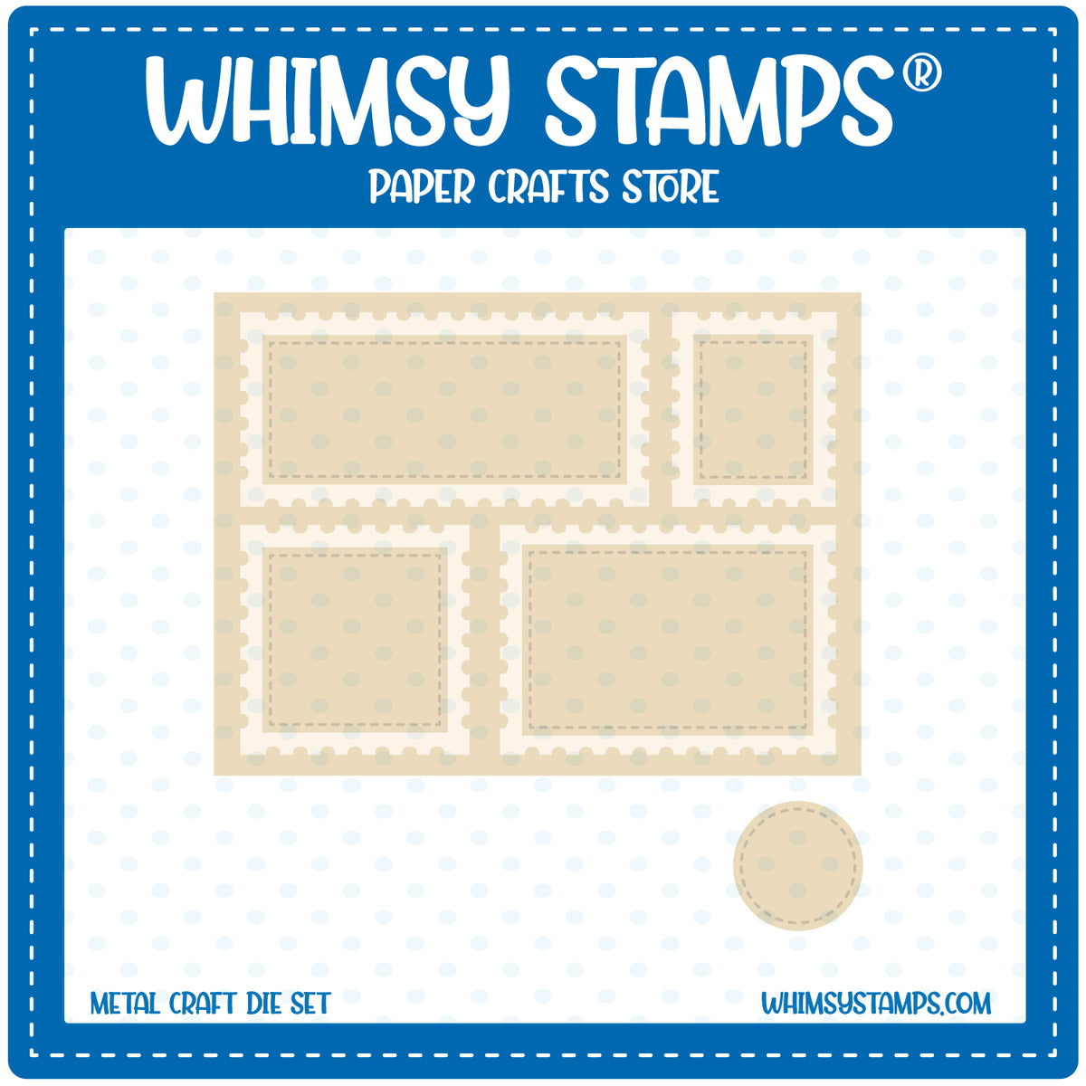 Whimsy Stamps metal craft die set packaging featuring a rectangle filled with varried sizes of postage windows (with stitched rectangles inside each one). A small stitched circle is also featured.