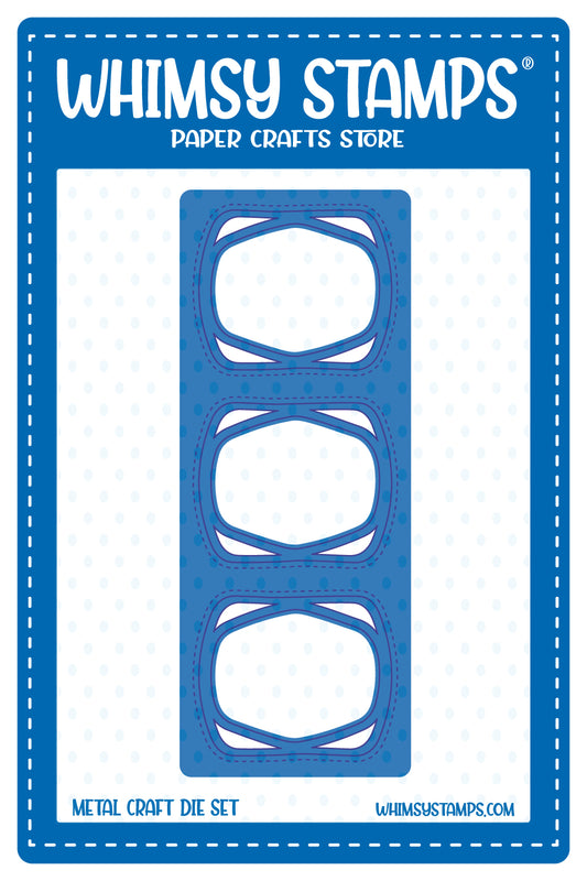 Whimsy Stamps metal craft die display featuring a blue rectangular die template with three oval cutout shapes.