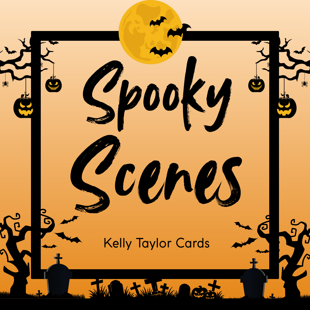A square graphic for 'Spooky Scenes' by Kelly Taylor Cards, featuring a Halloween theme with a yellow full moon, bats, jack-o'-lanterns, tombstones, and bare trees on an orange gradient background.