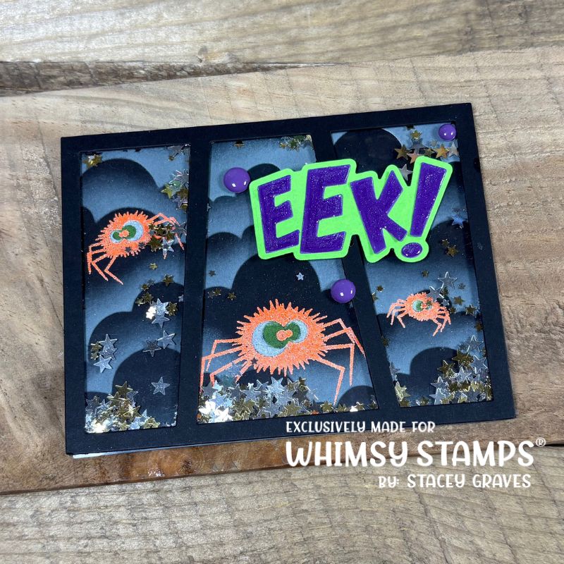 A handmade Halloween shaker card featuring three vertical panels with spooky dark clouds, orange spiders, star sparkles, and the die-cut word 'EEK!' in large purple letters over a green outline.