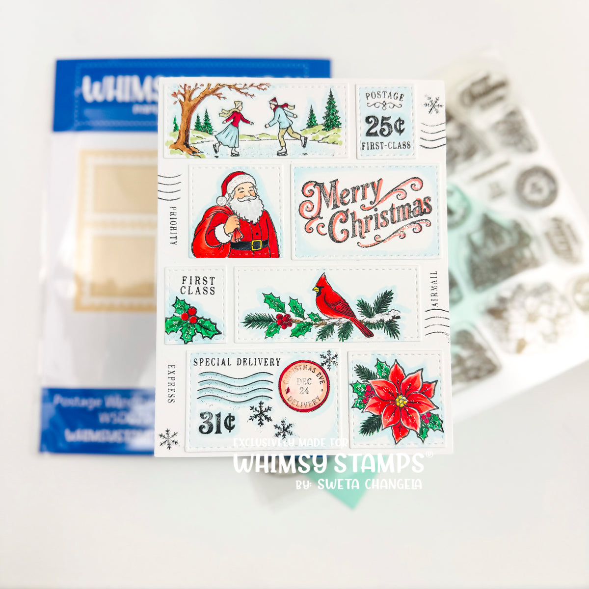 A Christmas postcard themed card featuring vintage-style illustrations including Santa Claus, a red cardinal, a poinsettia, postage stamps, and festive text like 'Merry Christmas' and 'First Class'.