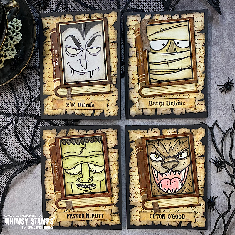 Four handmade Halloween cards featuring monster characters (Mummy, Werewolf, Frankenstein, and Dracula) overlaid on book die-cuts with vintage paper scrap backgrounds.