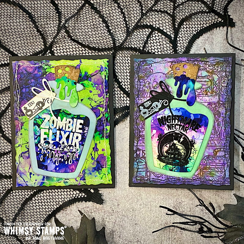 Two handmade Halloween cards featuring purple and green potion bottles with drips and tags over distressed ink backgrounds.