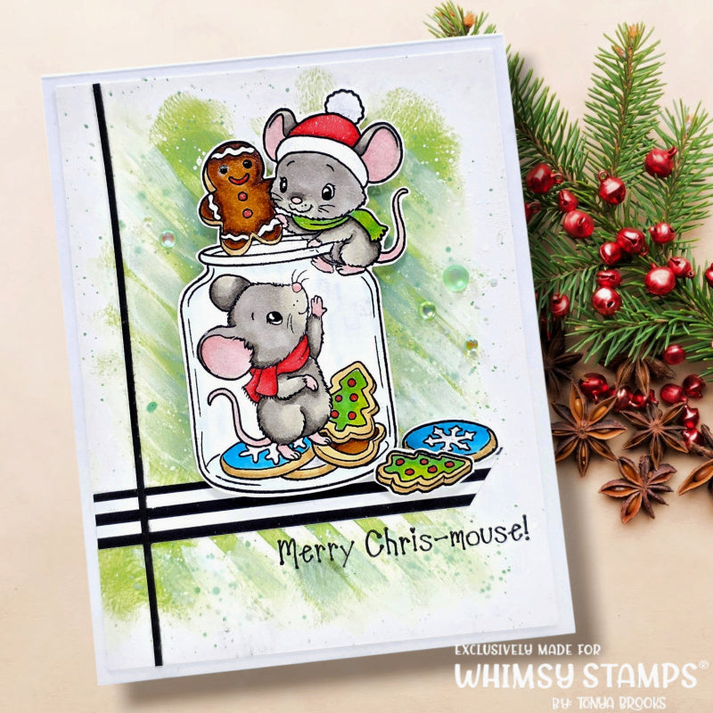 A handmade greeting card featuring two cute illustrated mice in a glass jar with holiday cookies, The card reads 'Merry Chris-mouse!'.