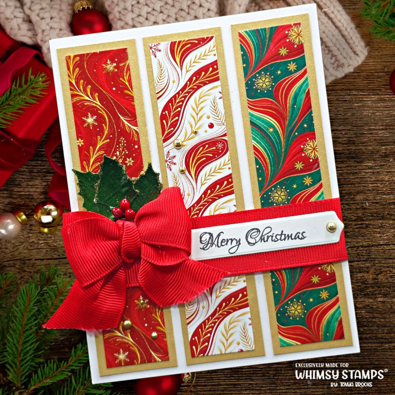 A handmade Christmas greeting card with three vertical panels featuring red, green, and white festive patterned papers, accented by a large red ribbon bow, holly leaves, and a white banner reading 'Merry Christmas.' 