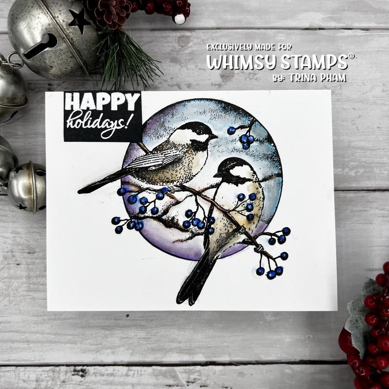 Chickadee and Berries Rubber Cling Stamp - Whimsy Stamps