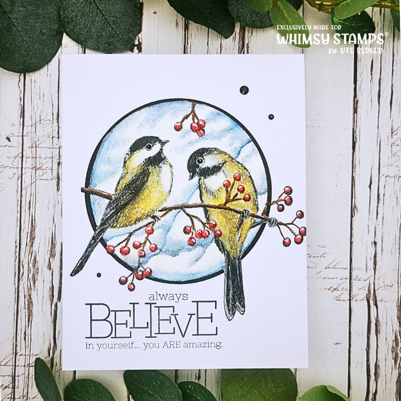 Chickadee and Berries Rubber Cling Stamp - Whimsy Stamps