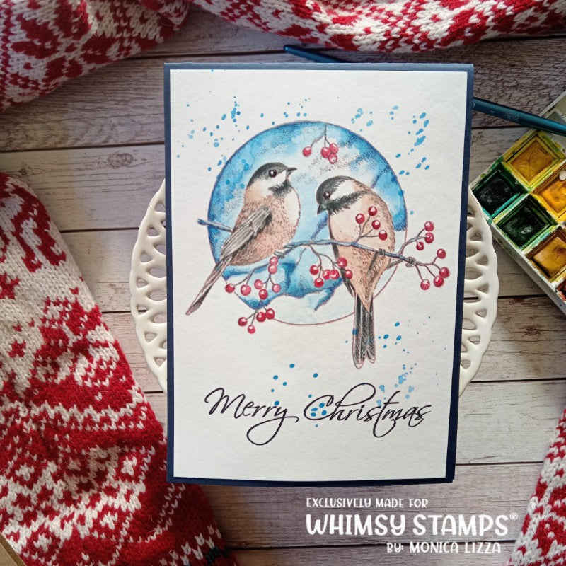 Chickadee and Berries Rubber Cling Stamp - Whimsy Stamps