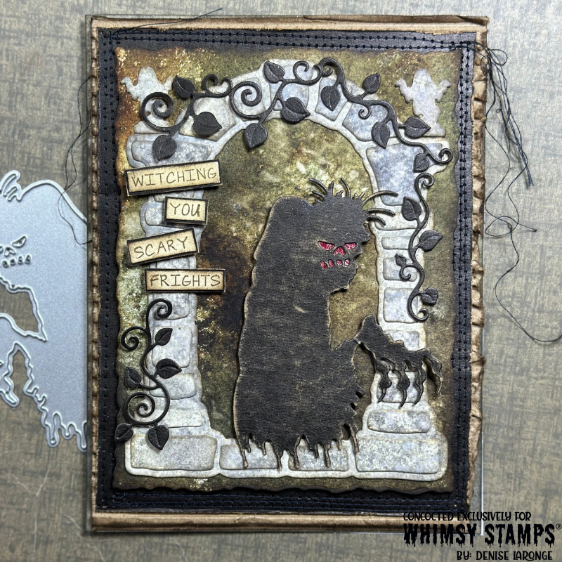 A handmade Halloween card featuring a dark, shadowy monster silhouette with red eyes in front of a weathered stone archway with vines and leaves, and wooden-textured labels that read 'WITCHING YOU SCARY FRIGHTS'.