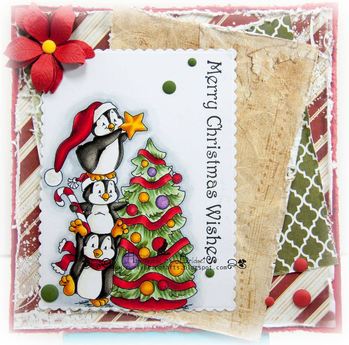 Penguins Decorate the Tree Rubber Cling Stamp - Whimsy Stamps