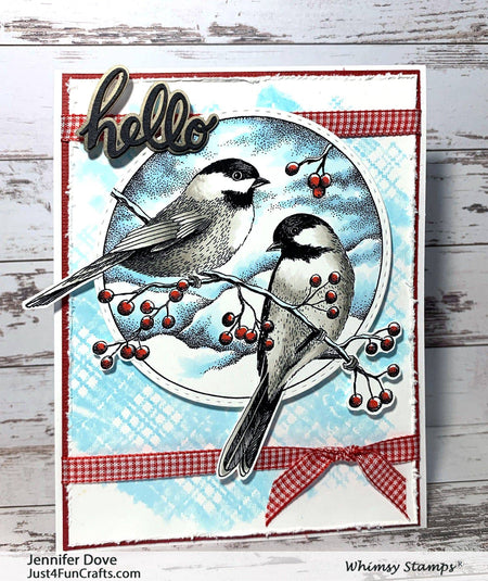 Chickadee and Berries Rubber Cling Stamp - Whimsy Stamps