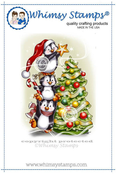 Penguins Decorate the Tree Rubber Cling Stamp - Whimsy Stamps