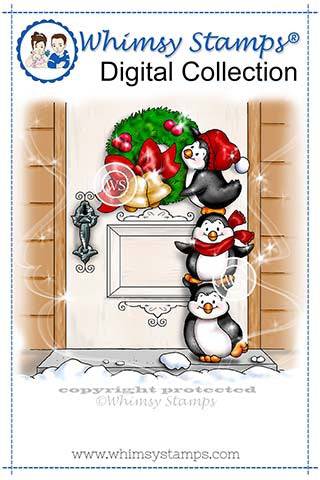 Penguins Hang a Wreath - Digital Stamp - Whimsy Stamps